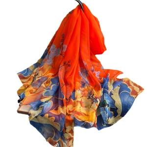 Elegant floral silk-like large scarf shawl in vibrant orange and blue abstract print