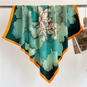 Floral silk square scarf with blue and orange peony pattern for elegant sun protection
