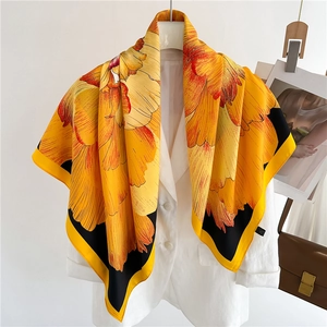 Elegant silk floral scarf 90cm large square shawl with bright yellow flower pattern