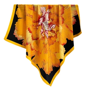 Silk-like floral scarf 90cm featuring large orange peony pattern on black background