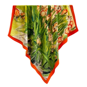 Sciarpa di seta quadrata con stampa di iris di Van Gogh e bordo arancione vivace
