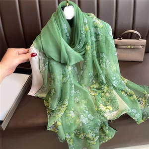 Elegant green floral silk shawl for women, lightweight sun protection scarf in soft fabric