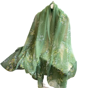 Green floral silk scarf shawl with white yellow flowers for elegant sun protection