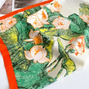 Silk square scarf with artistic lotus pond pattern and bright orange borders for women