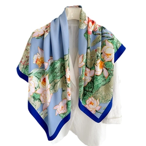 Elegant 90cm blue silk scarf with lotus print and deep blue border for summer fashion
