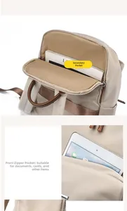 Détail du sac à dos en nylon kaki montrant la poche zippée avant et la pochette interne