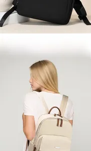 Détail du sac à dos en nylon avec poignée en cuir et bandoulières réglables de qualité