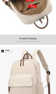 Vue détaillée du sac à dos en nylon kaki montrant le compartiment principal et la poche