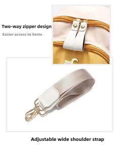 Detail of dual gold zippers and detachable wide fabric strap on contrast backpack