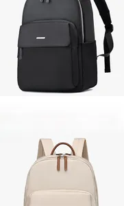 Vue de face des sacs à dos en nylon noir et beige avec poches de rangement multiples