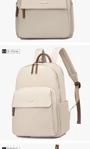Vue avant et latérale du sac à dos en nylon beige avec poignée en cuir brun et rabat aimanté