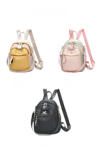 Detailed comparison of fashion backpacks in yellow, pink and black with multiple zip pockets
