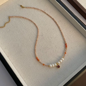 Französische Retro Perlenhalskette Mit Süßwasserperle Zirkonia Quadratischem Rotem Edelsteinanhänger Für Damen Eleganter Schmuck