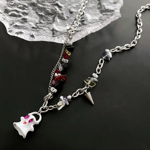Ghost Pendant Necklace Alloy Titanium Steel With Colorful Natural Crushed Stones Y2K Gothic Punk Halloween Jewelry Women