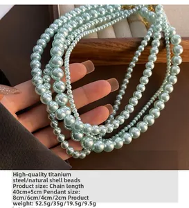 Detalle de perlas naturales verde menta en un collar de capas de acero de titanio