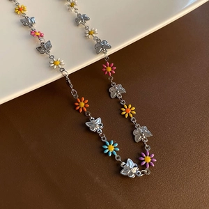 Enamel Daisy Butterfly Necklace And Bracelet Titanium Steel Colorful Floral Dopamine Style Jewelry For Women Girls Elegant