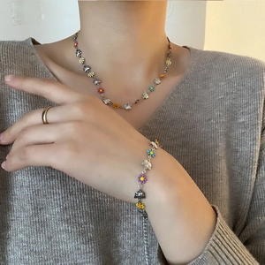 Daisy butterfly necklace and bracelet set with colorful floral charms for women