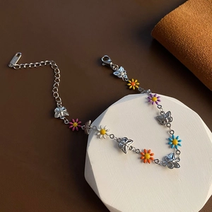S925 sterling silver daisy butterfly bracelet with multi-color enamel charms and adjustable chain