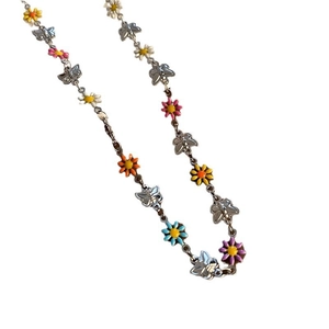 Titanium steel daisy and butterfly necklace with colorful enamel floral accents for women