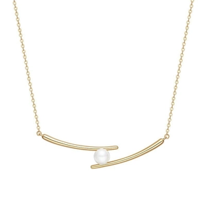 Elegant gold titanium steel necklace featuring a single pearl in a minimalist cross curve