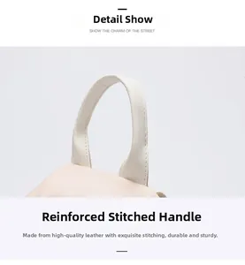 Close-up of reinforced stitching and premium PU leather texture on a beige backpack handle