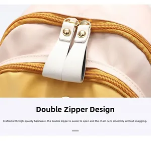 Close-up of double zipper design with white leather pullers on contrast backpack