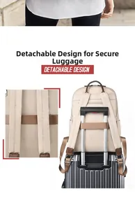 Detail of the luggage strap on a beige travel backpack attached to a suitcase handle