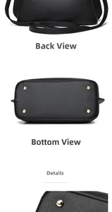 Detail view of the black lychee leather handbag back and gold protective bottom studs