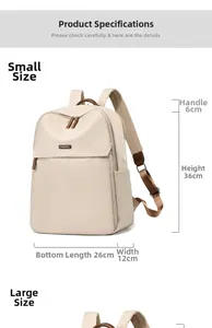 Size chart showing small travel backpack dimensions 26x12x36cm with handle drop details