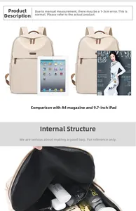 Detail view of large cream backpack interior showing compartments for 9.7 inch iPad and A4 books