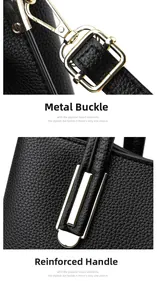 Detail of gold-plated metal clasp and reinforced handle on black lychee leather handbag
