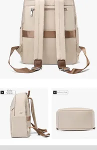 Detail view of beige nylon backpack showing padded straps, trolley sleeve and side pocket