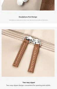 Detail of side earphone port and dual metal zippers with leather pulls on beige backpack