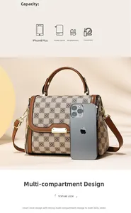 Detail view of the multi-compartment interior capacity and sizing of this checkered handbag