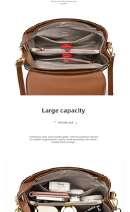 Detailed view of brown leather shoulder bag interior with multiple storage compartments