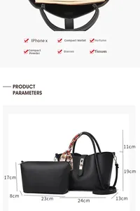 Dimensions détaillées pour l'ensemble sac à main noir à motif litchi et pochette assortie