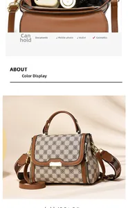 Detail view of brown checkered crossbody bag showing spacious interior for essentials