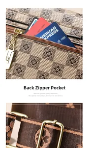 Detail of crossbody bag showing back zipper pocket and adjustable woven strap with gold buckle