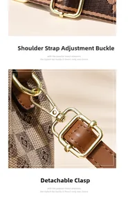 Detail of gold metal hardware and adjustable shoulder strap on checkered pattern handbag