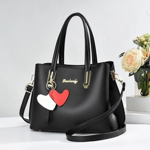 Women Litchi Texture PU Leather Handbag Large Capacity Top Handle Bag With Heart Pendant Fashion Crossbody Bag