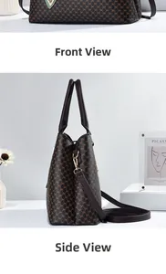 Vista dettagliata frontale e laterale della borsa monogramma marrone con tracolla