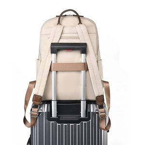 Beige travel backpack with trolley sleeve and anti-theft pocket on silver suitcase