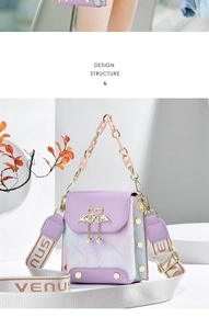 Detail of lavender floral mini bag with golden swan logo and woven strap with Venus logo