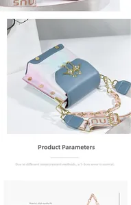 Detail of blue pink gradient PU leather mini bag with golden butterfly buckle and wide strap