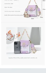 Detail view of purple PU leather floral mini bag showing dimensions and phone capacity
