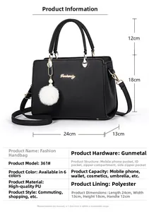 Detaillierte Größenangaben für die schwarze PU-Lederhandtasche mit Maßen und Innenstruktur