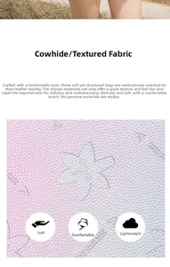 Close-up of pink litchi grain leather with embossed flower patterns and soft texture