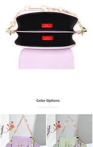 Detail of multi-compartment mini crossbody bag showing main pocket and acrylic chain