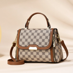 Chic retro women's checkerboard handbag with brown leather trim and golden zippers