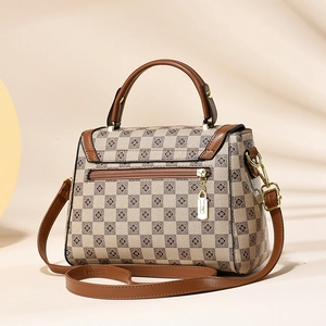 Brown leather and beige checkered pattern women's shoulder bag with golden hardware